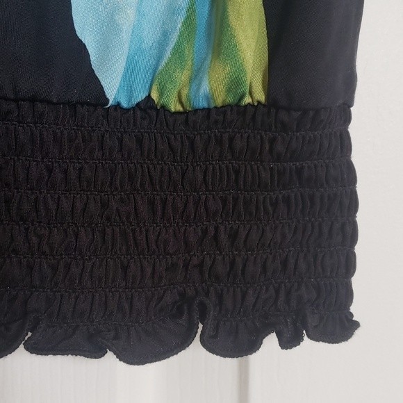 Vintage 90s Y2K One Shoulder Top Blouse Black Teal Bold Flower - Picture 9 of 11